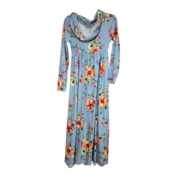 Maternity Maxi Dress Blue Floral Off Shoulder Strapless Empire Waist Long Sleeve - Picture 4 of 11